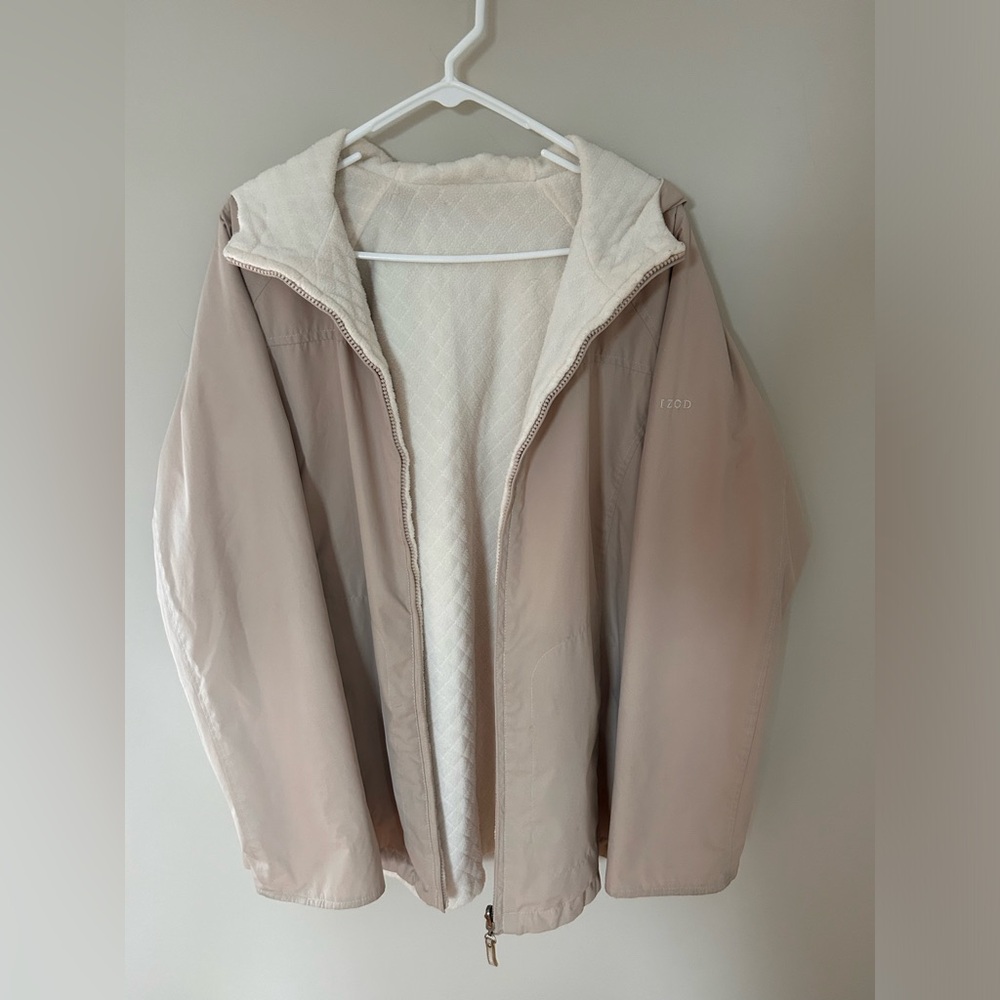 Women’s Beige Izod Fleece Lined Trench Coat with Hood